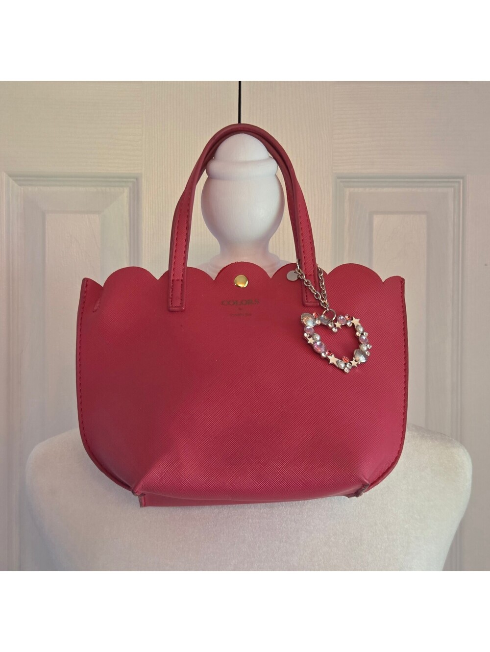 Medium Pink Scallop Trim Handbag w/ Silver Heart Charm Girly Y2K Top Handle Bag